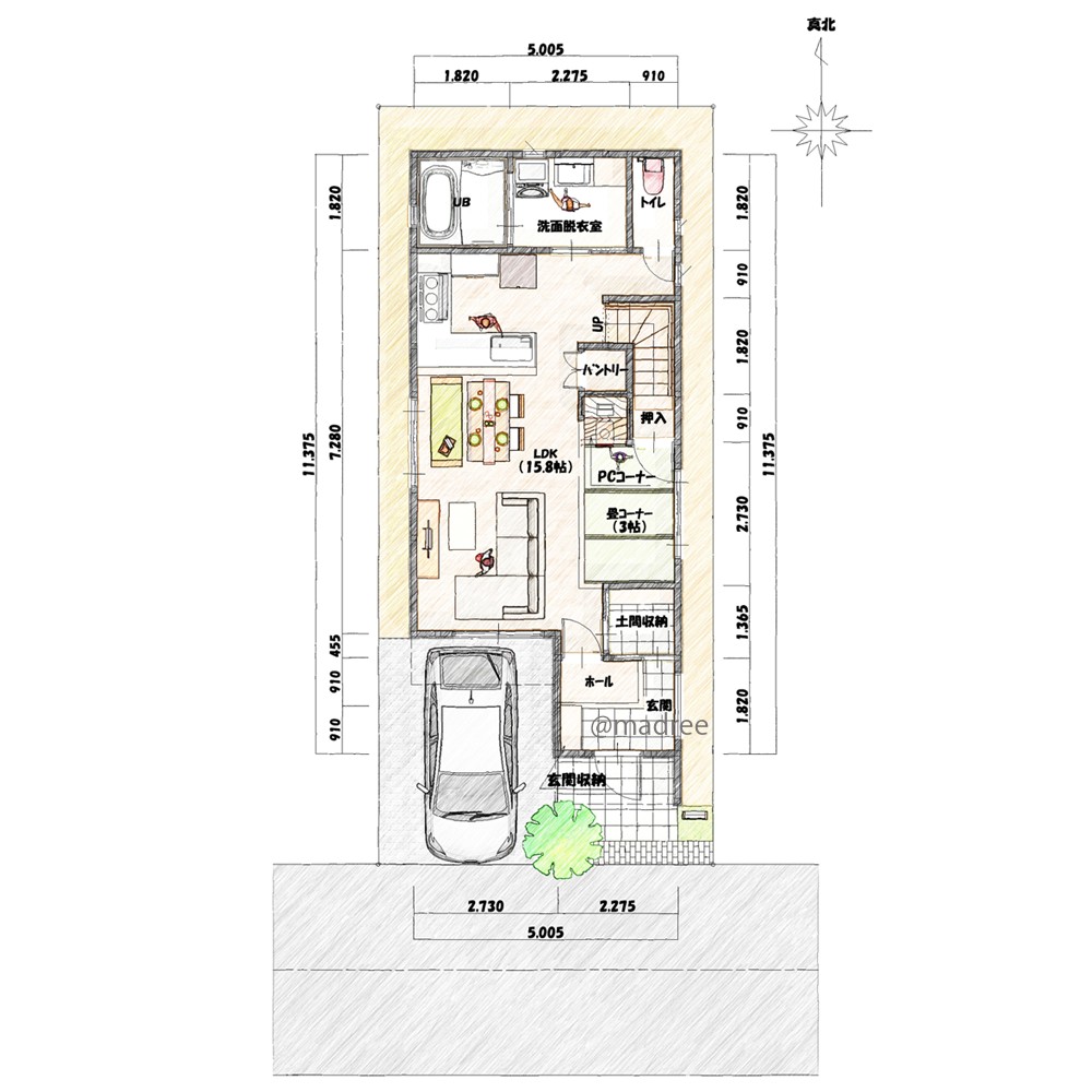 通風と採光確保の縦長リビングで、帰宅後洗面所まで一直線の家