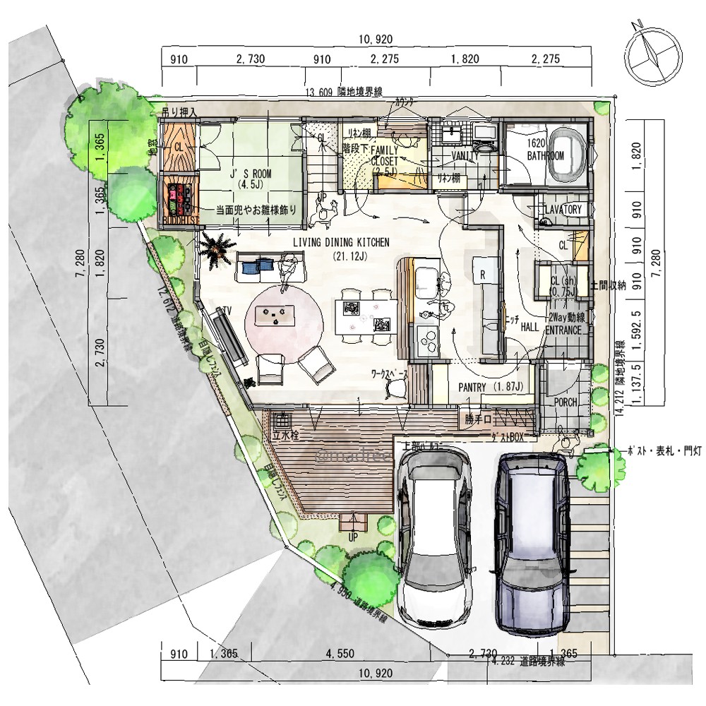 お洒落にインテリアを楽しむ、引き戸で繋がり回遊できる楽家事動線の家