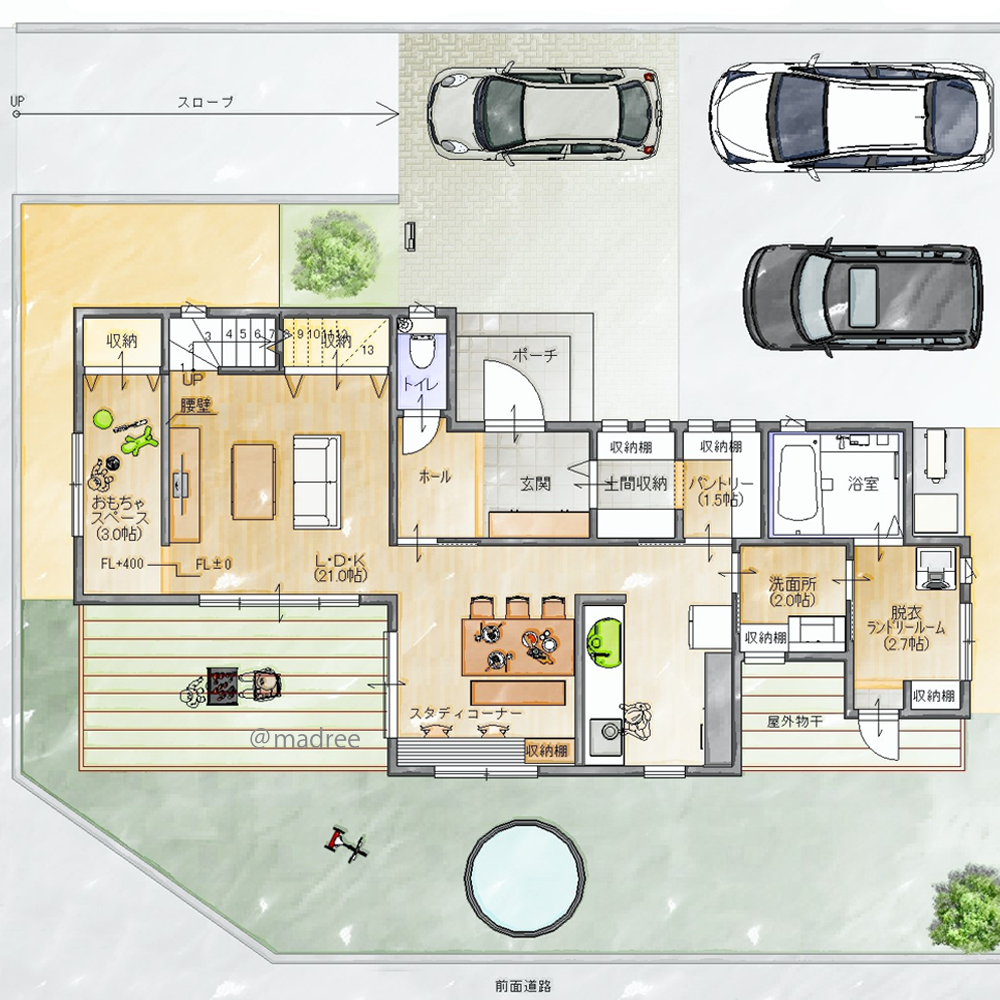 隠せるキッズスペースで遊び放題、親子の笑顔溢れる内外つながる家