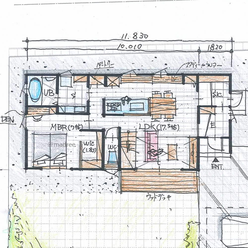 キッチンから家中が視界良く広がる、平屋風に暮らすコンパクト空間の家