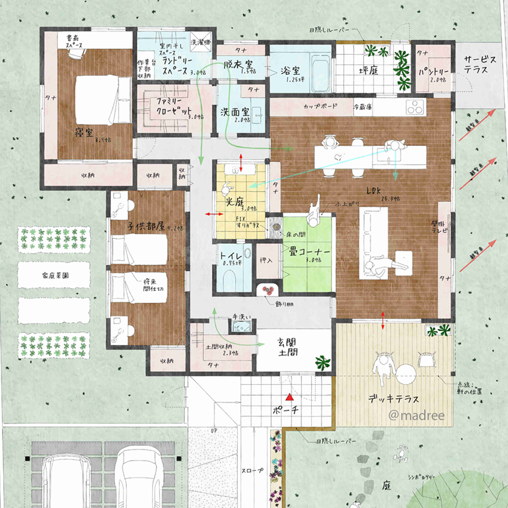 建物中央から家中に光届ける、家族を身近に感じる中庭のある平屋