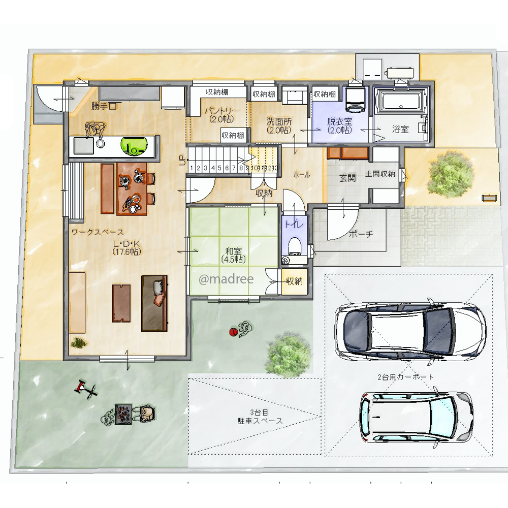 家事シェアしやすい一直線の家事動線と、居心地良いおもてなし動線を考えた家