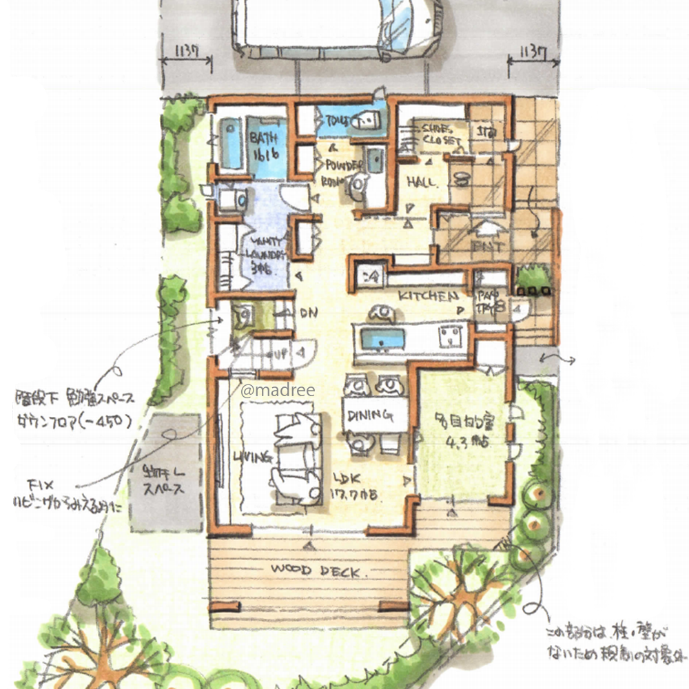 屋外に広がるのびのび空間、コンパクト家事動線でくつろぎ時間増える家