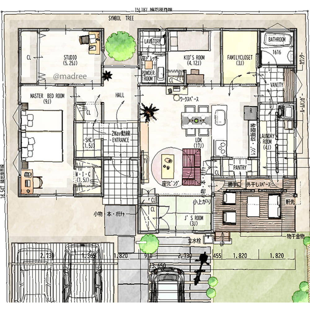 廊下でオンオフ空間の使いわけ、生活感みせない内外つながる平屋