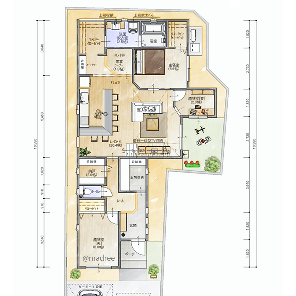 コの字キッチンから家族見守る、生活空間を集めたほぼ平屋の家