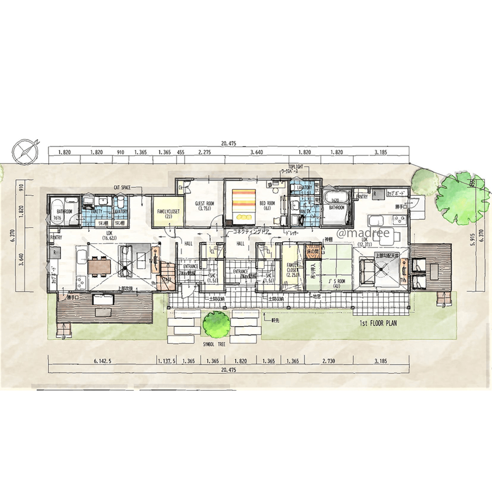 各世帯が独立して生活できる、玄関ホール扉で緩やかに繋がる二世帯住宅