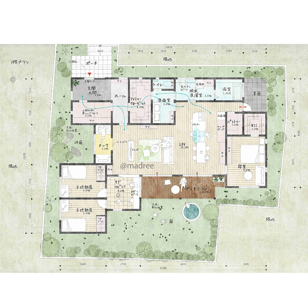 家族感じつつ各々伸びやかに過ごす、緑豊かな3つの広庭に囲まれた平屋