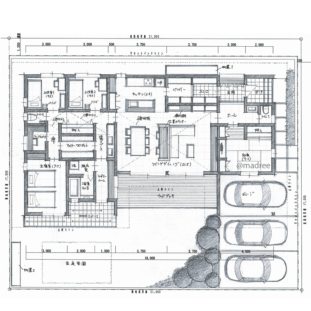 リビングを挟んで空間を分ける、快適な家族時間を愉しむ同居予定の平屋二世帯住宅