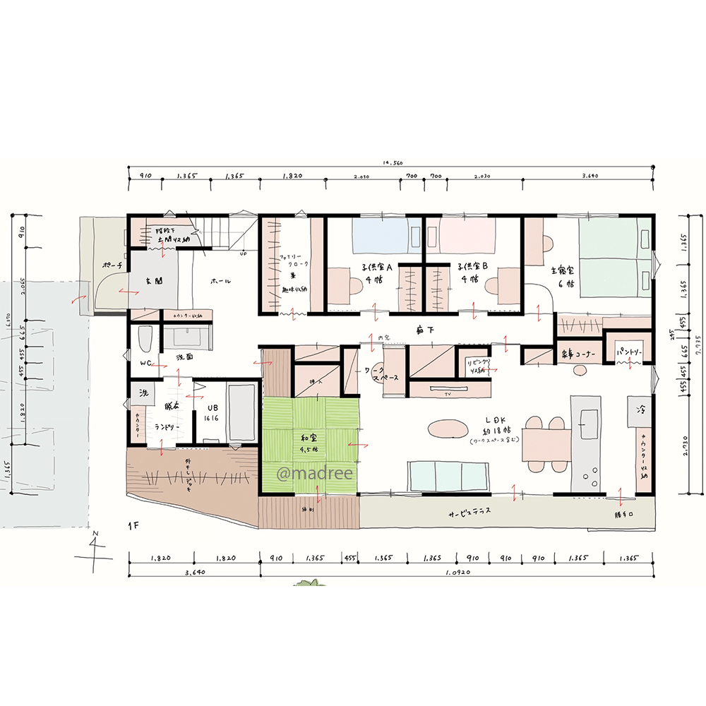 家の中心の廊下に光届ける、南側に開けた明るい回遊動線の平屋