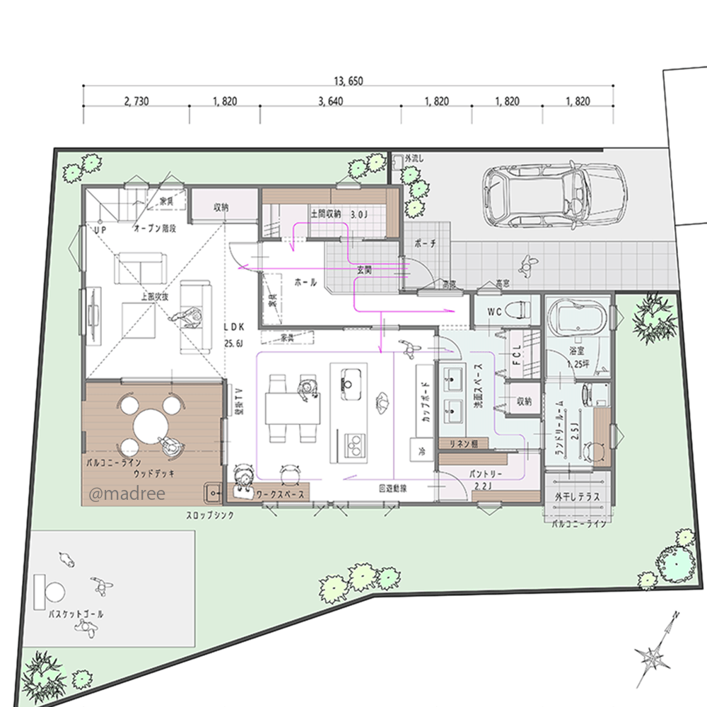 家中ぐるぐる動線でラク家事実現、公園のような庭でスポーツ愉しむ家