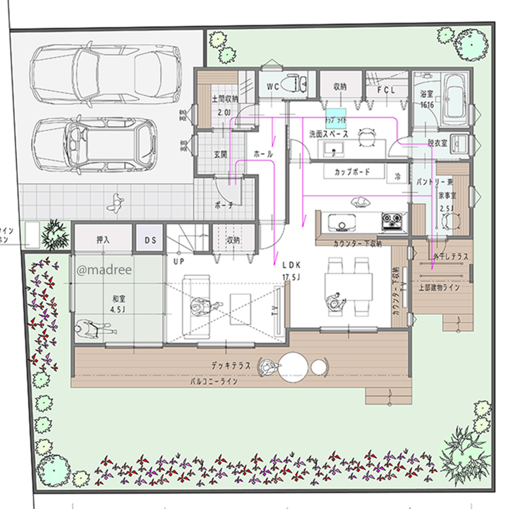 コンパクト動線で負担軽減、家事室を介してアクセス良く繋がる家