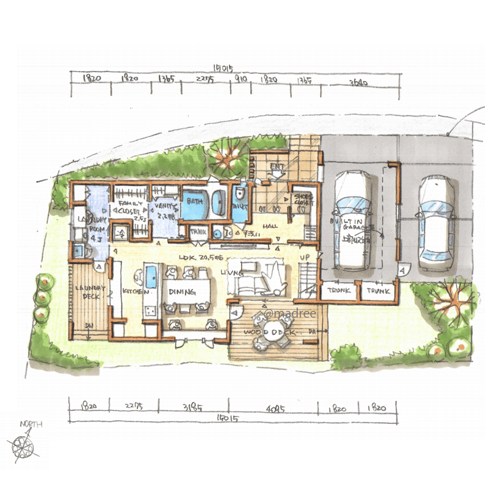 ビルトインガレージ上の子ども部屋、リビングから見守る中2階のある家