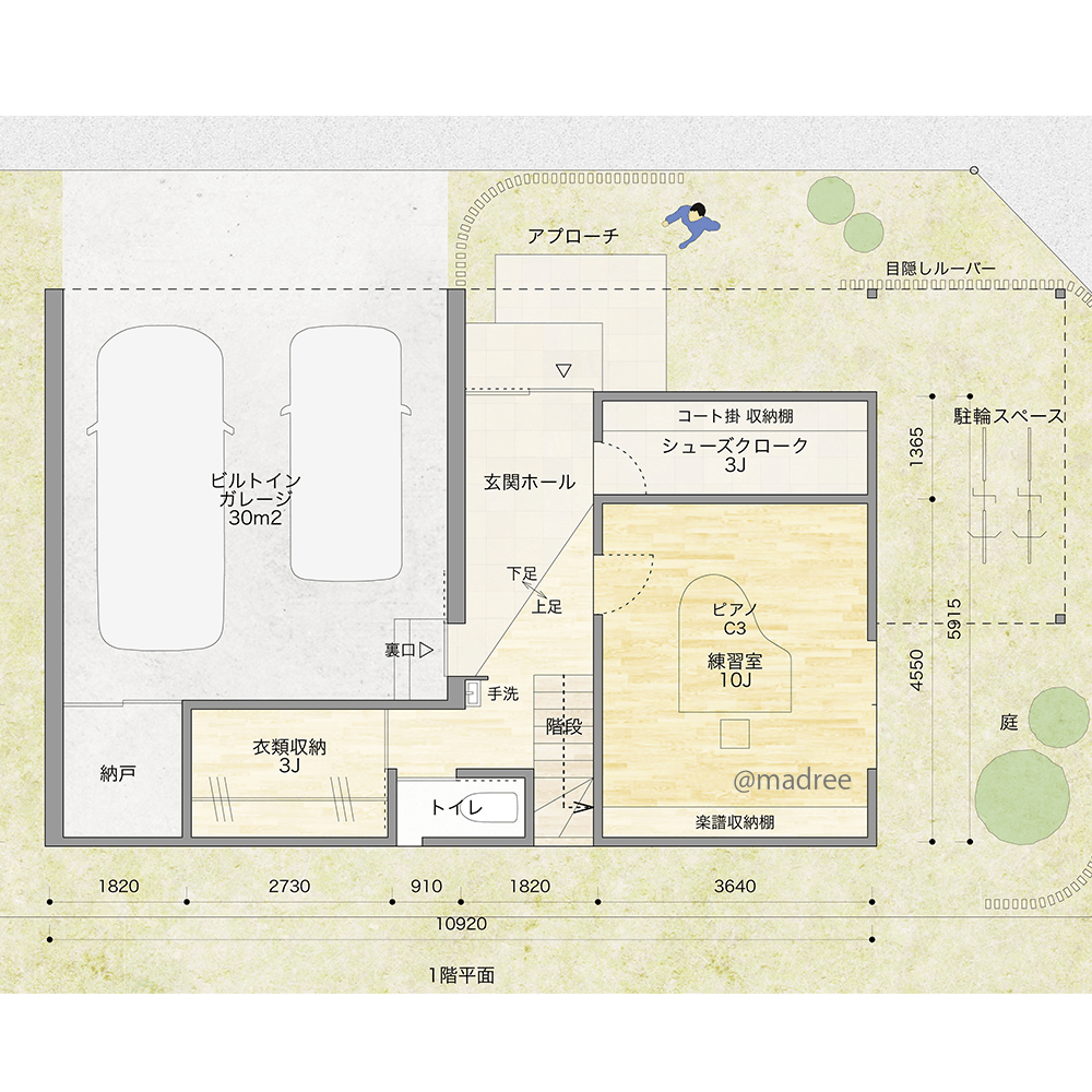 テラス越しに柔らかな光が届く、大胆なルーバーでぐるりと囲んだ角地の家