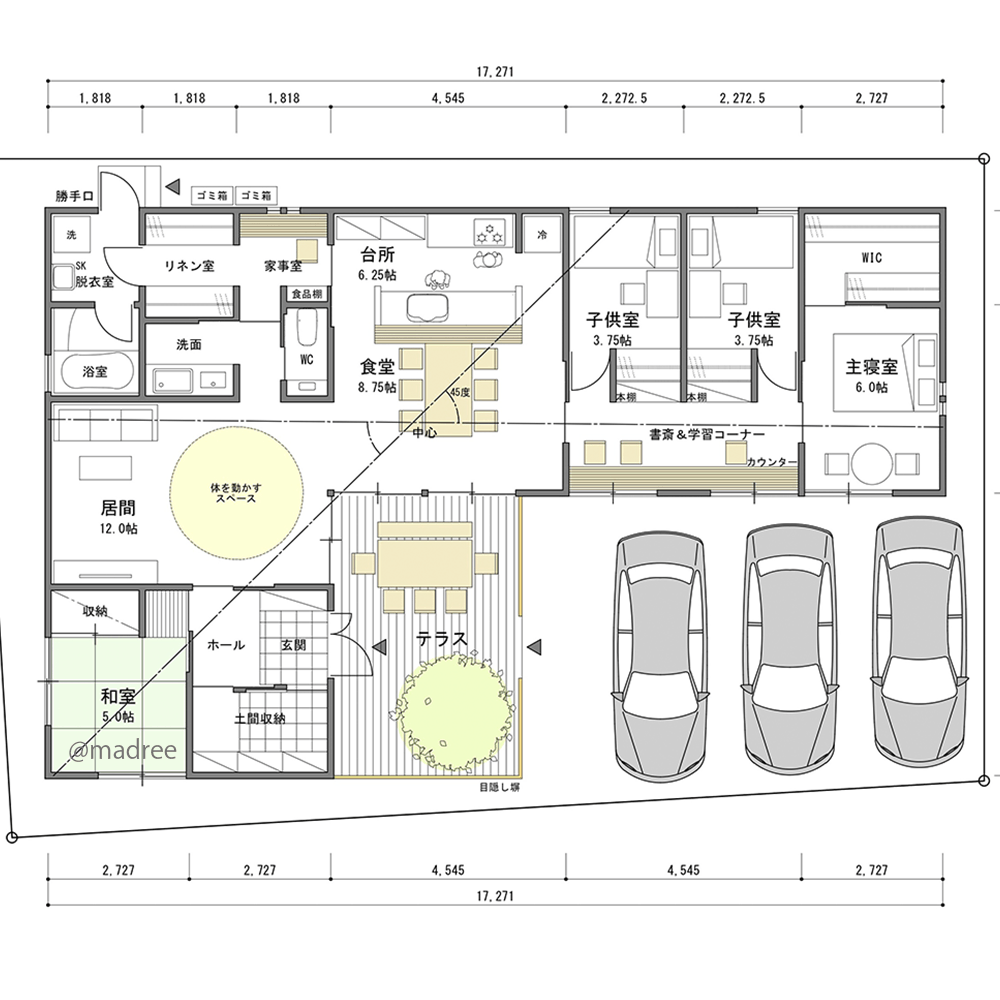 休日はテラスで優雅な朝食を、家事動線と収納充実の平屋