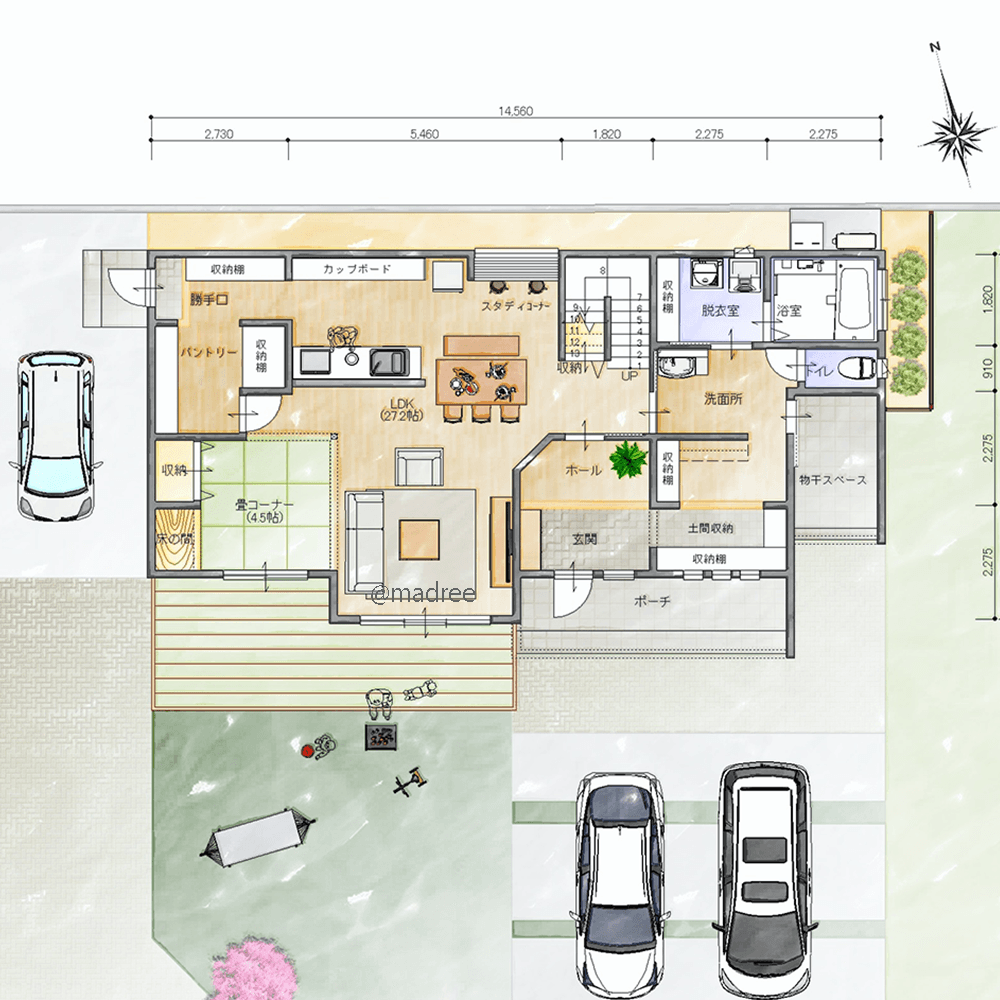 帰宅後は土間から浴室へ直行も、家事ラク動線で親子の笑顔増える家