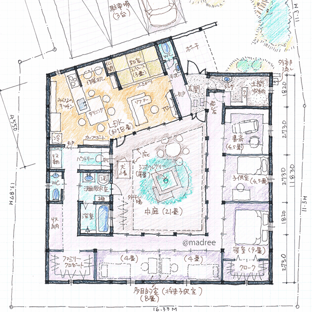 音も視線も気にせず過ごす、のびのび走り回れる回遊中庭のある平屋