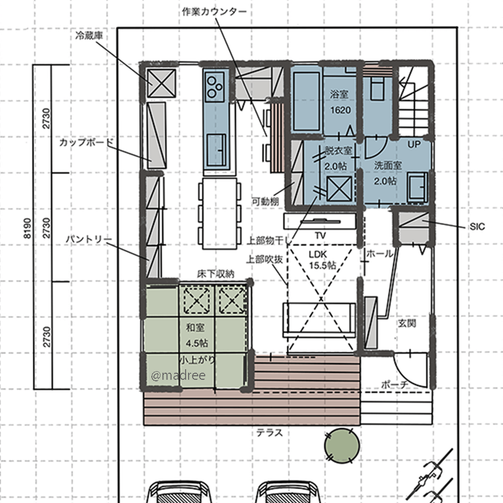 キッチンから屋外へ眺望広がる、無駄なく空間活用した家事効率の良い家