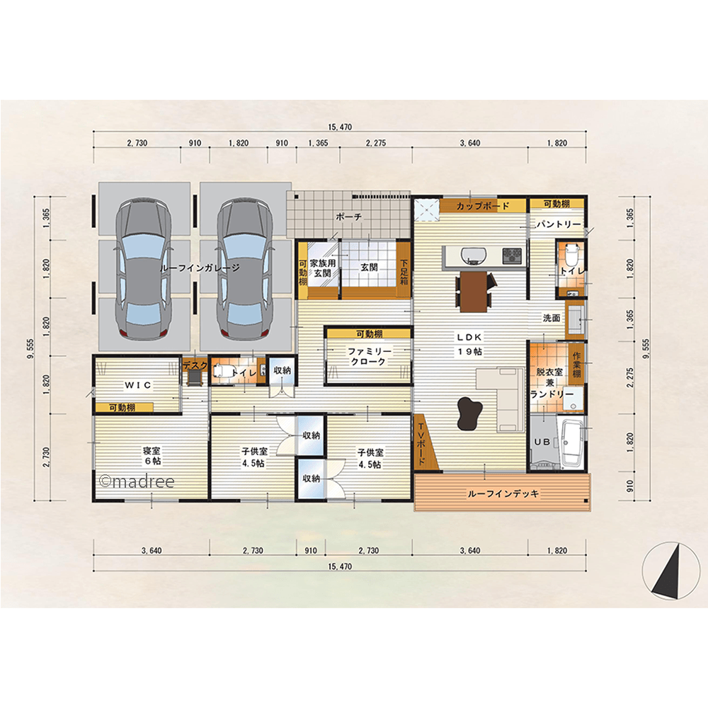 ウォークスルーの生活動線、ファミクロ経由でコンパクトに繋がる平屋