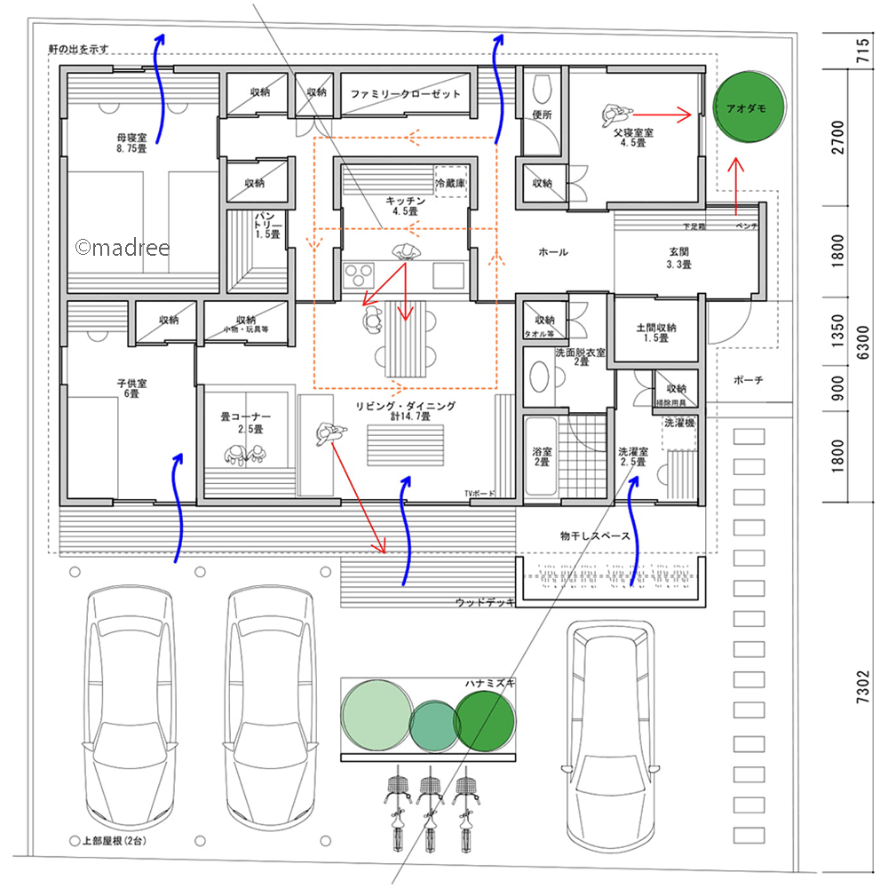 中心のキッチンから家族を見守る、生活感をすっきり隠す大収納の平屋