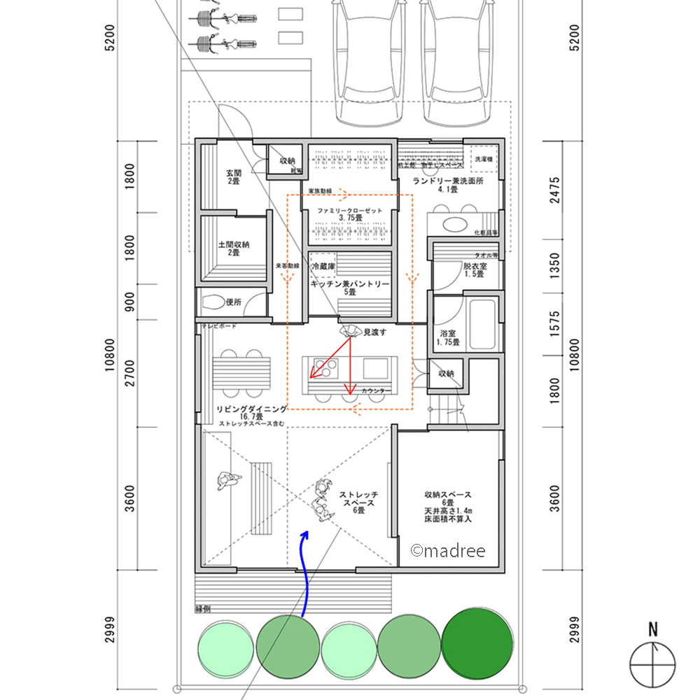 備え付け収納で掃除がしやすく生活整う、キッチン中心ぐるぐる家事動線の家