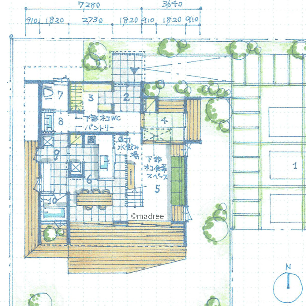 吹抜と回遊動線で家族も猫も自由度UP、まわりの自然とつながる緑豊かな家