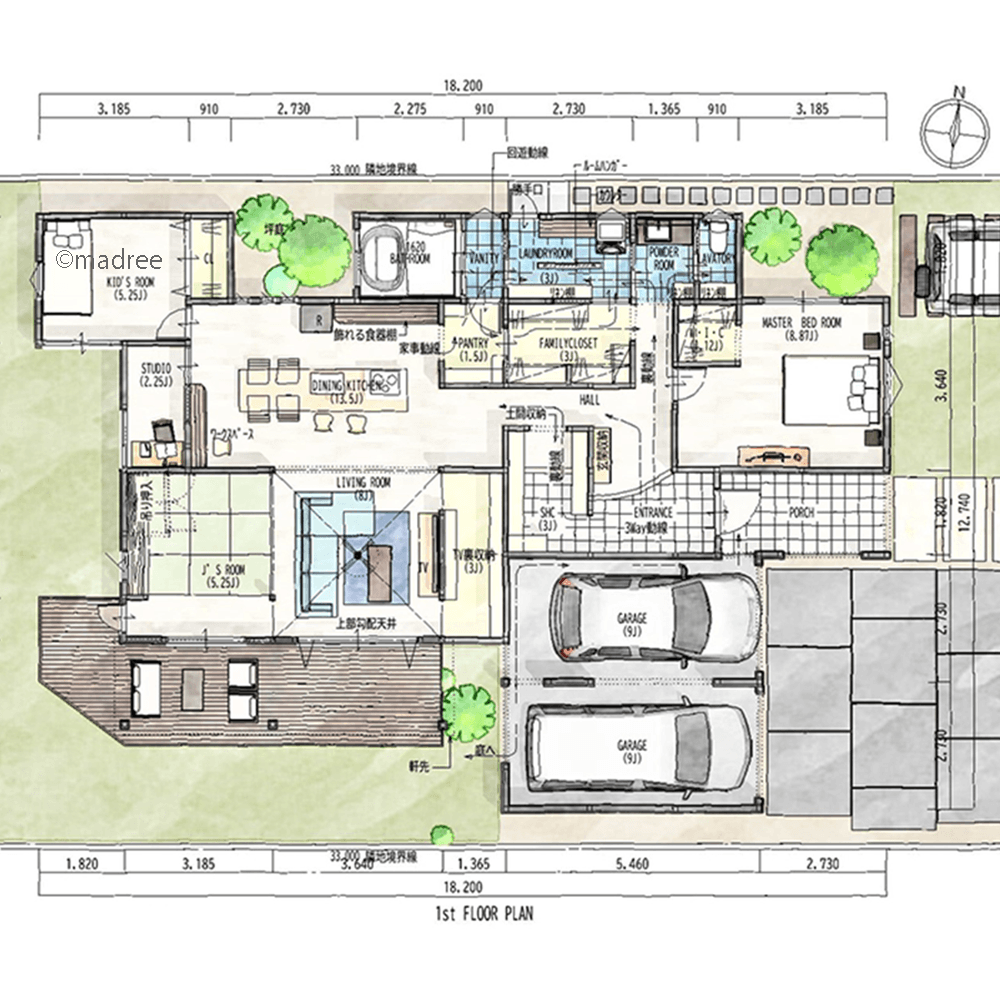 ウォークスルーのファミクロと水廻りで朝もラクラク、緑に癒される回遊動線の平屋