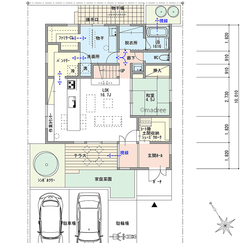 緑花に向かい視線が抜ける、開口窓と吹抜からたっぷりの光が届く家