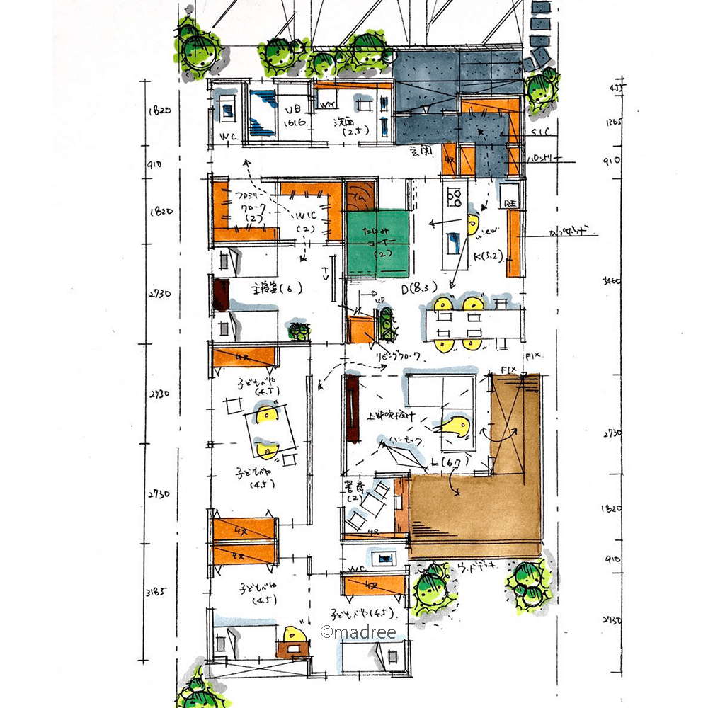 廊下でon/off生活分けてメリハリを、縦にも横にも広がる開放的な平屋