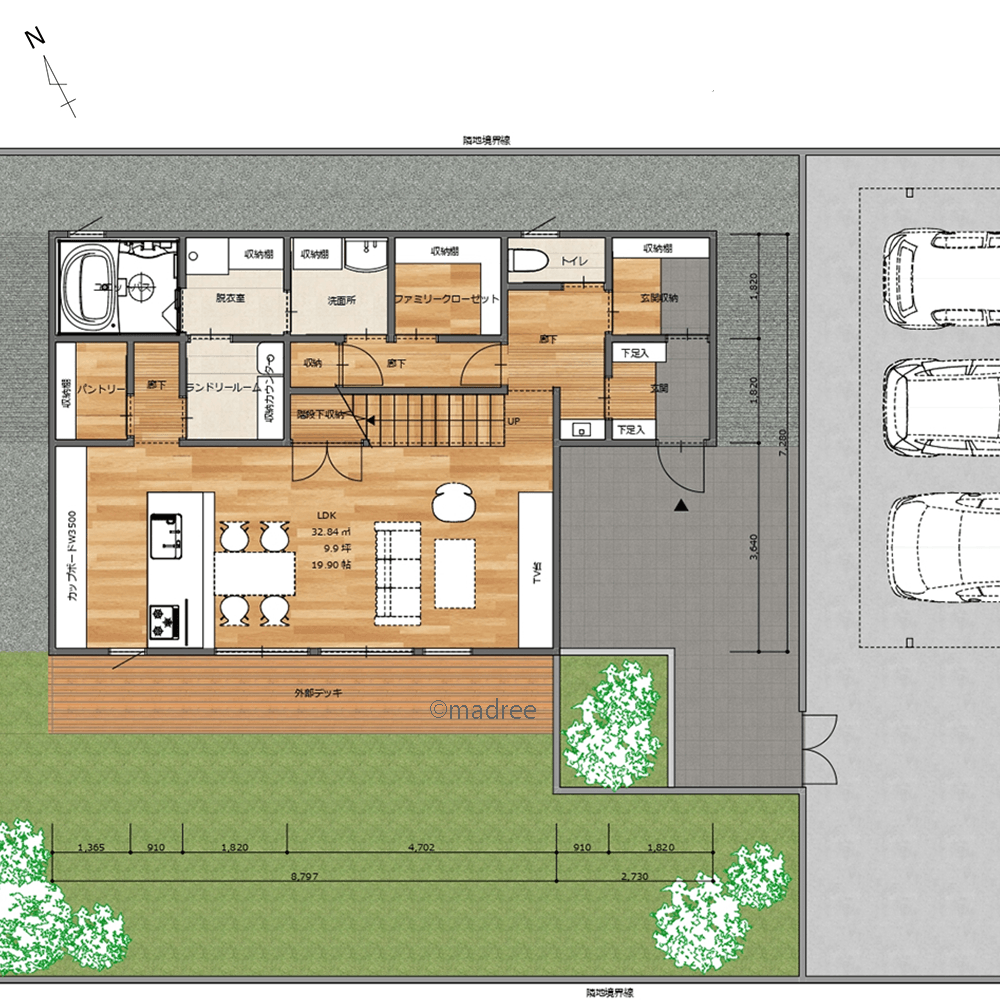 裏動線に家事をまとめてリビングはすっきり、家族各々のプライベートも重視した家