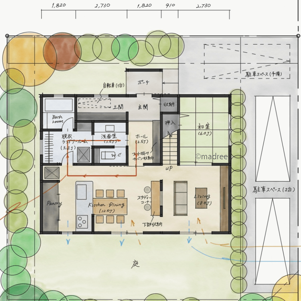 眺望と採光をバランス良く、向かい合う庭と空間繋がる縦長LDKの家