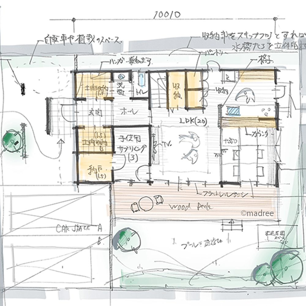 リラックス空間のスッキリを保つ、プライベート空間向き隠せる収納のある家