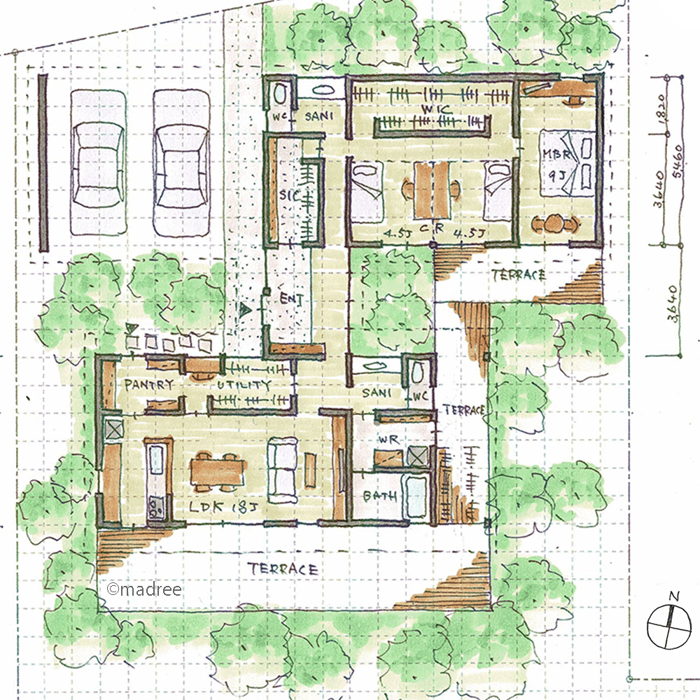 玄関を中心にON/OFFで棟分け、テラスからも北棟と南棟を回遊できる平屋