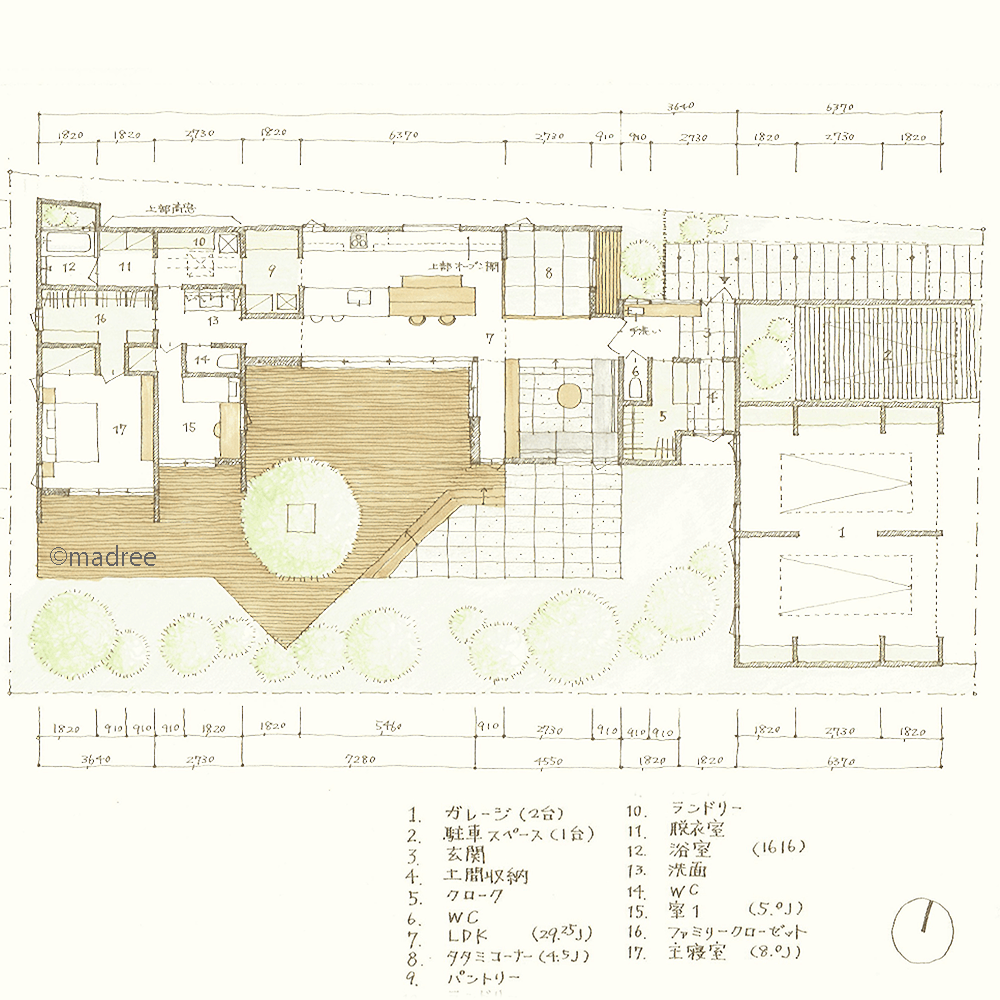 ウッドデッキでゆとり時間過ごす、屋内外を緩やかに結ぶ開放感のある平屋