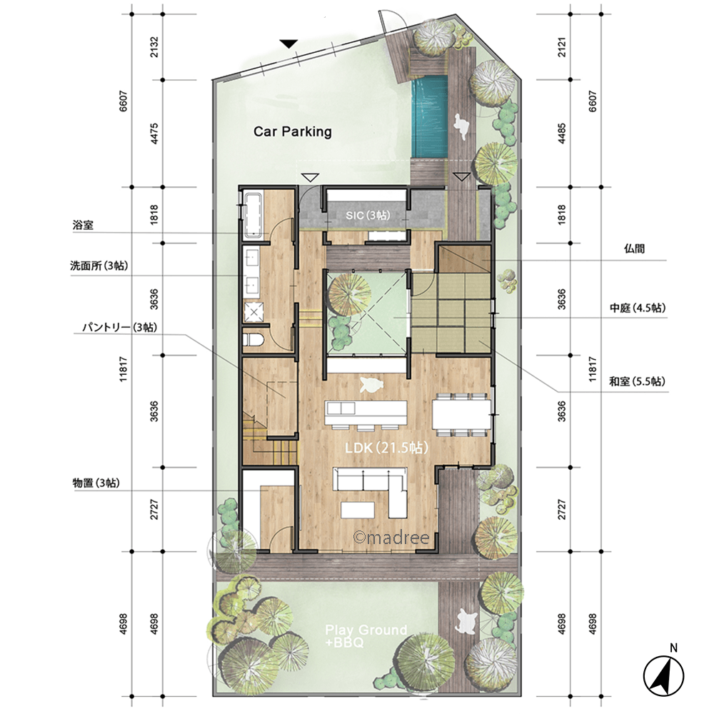中庭からの光と風が心地よい、緑豊かで人が集まる賑やかな家