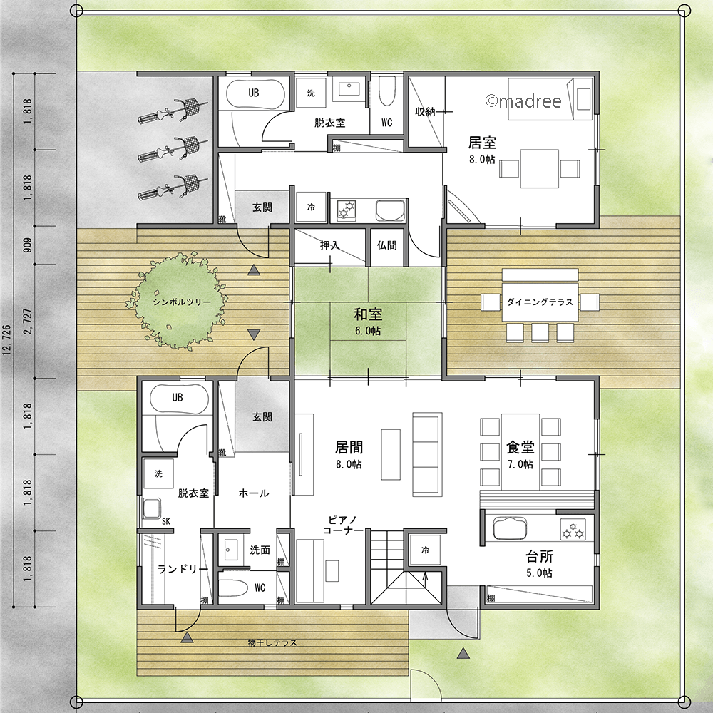 シンボルツリーでオシャレな玄関演出、間仕切り和室で繋がる2世帯住宅