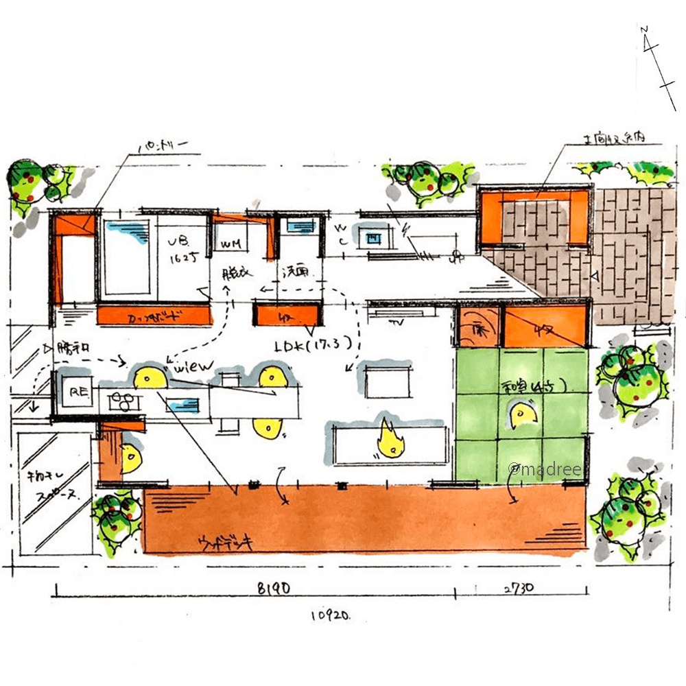 横長LDKから一体的に広がる、室内の延長として過ごせるウッドデッキのある家