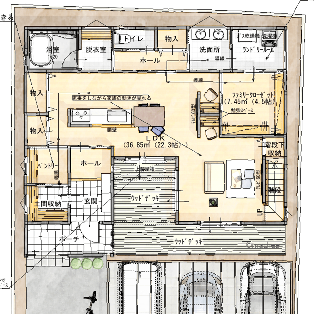 自然と片付く複数の回遊動線、キッチンから最短距離で無駄なく家事を結ぶ家