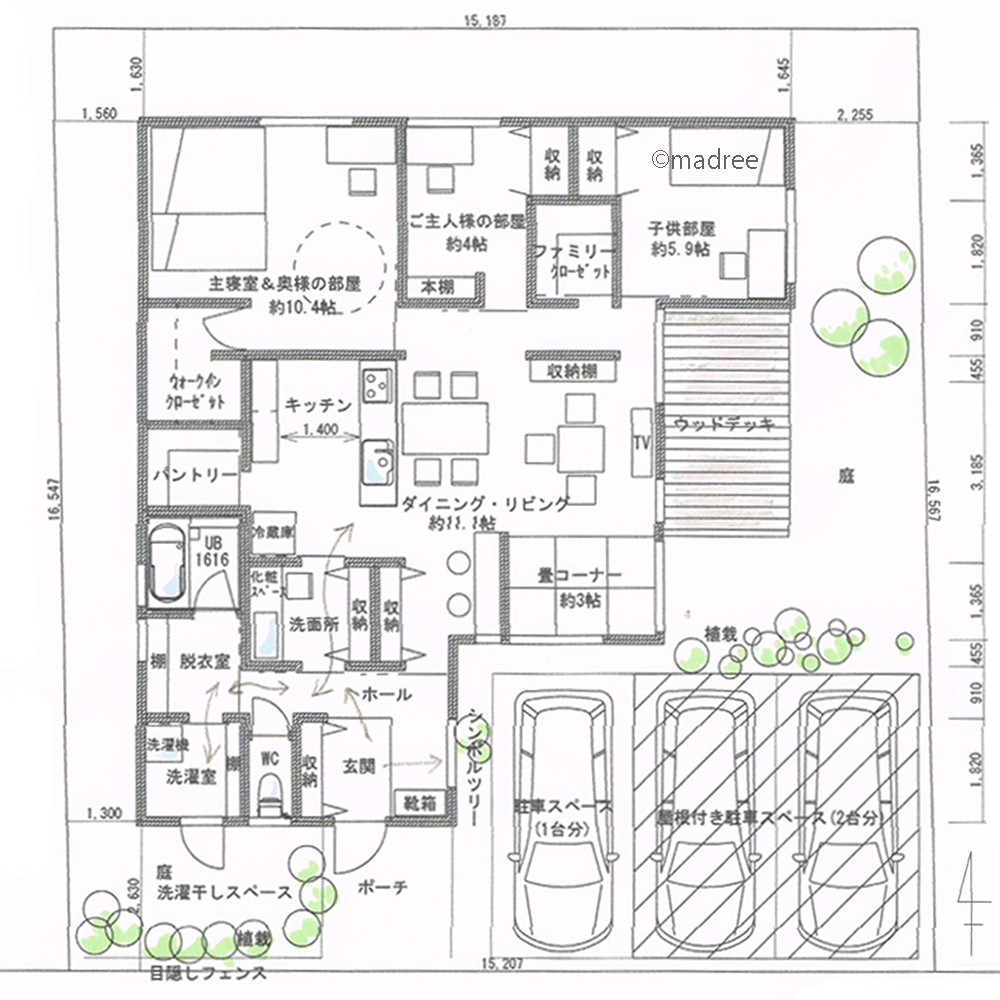 夜干しでも邪魔にならない洗濯スペース、庭とも隣接した快適な水廻り動線の家