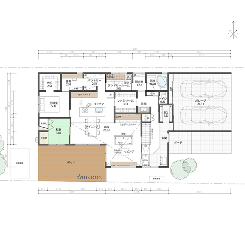 ぐるぐる動線の1階で生活完結、広いデッキでおうちキャンプもできる家
