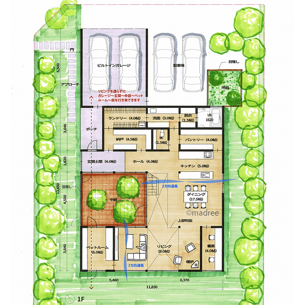 犬用動線で屋内外を自由にドッグラン、人にも犬にもパーソナル空間のある家