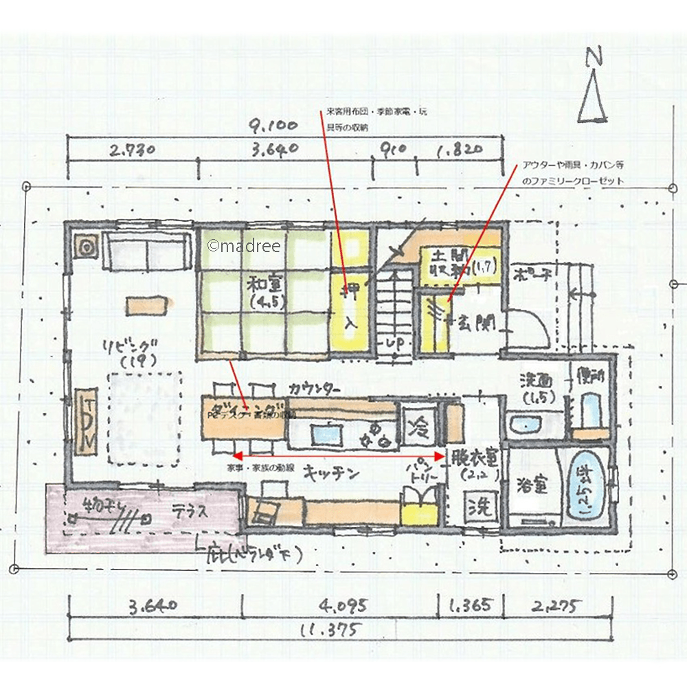 帰宅後は片付けながら脱衣室にポイ、キッチンと水廻りが動線良く繋がる家