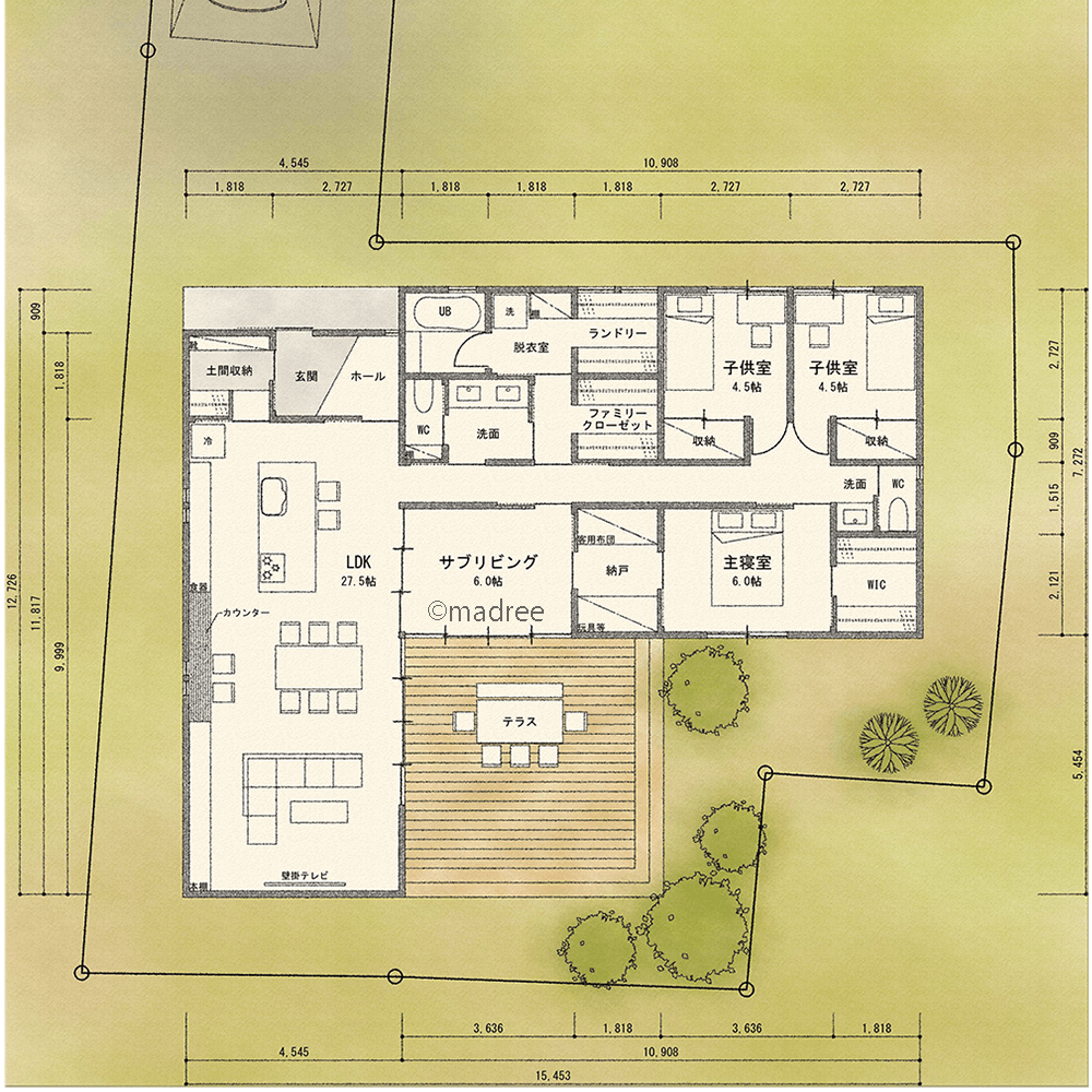 まとめた家事動線で家事シェアしやすい、視線が抜ける大きなテラスを囲んだL字の平屋