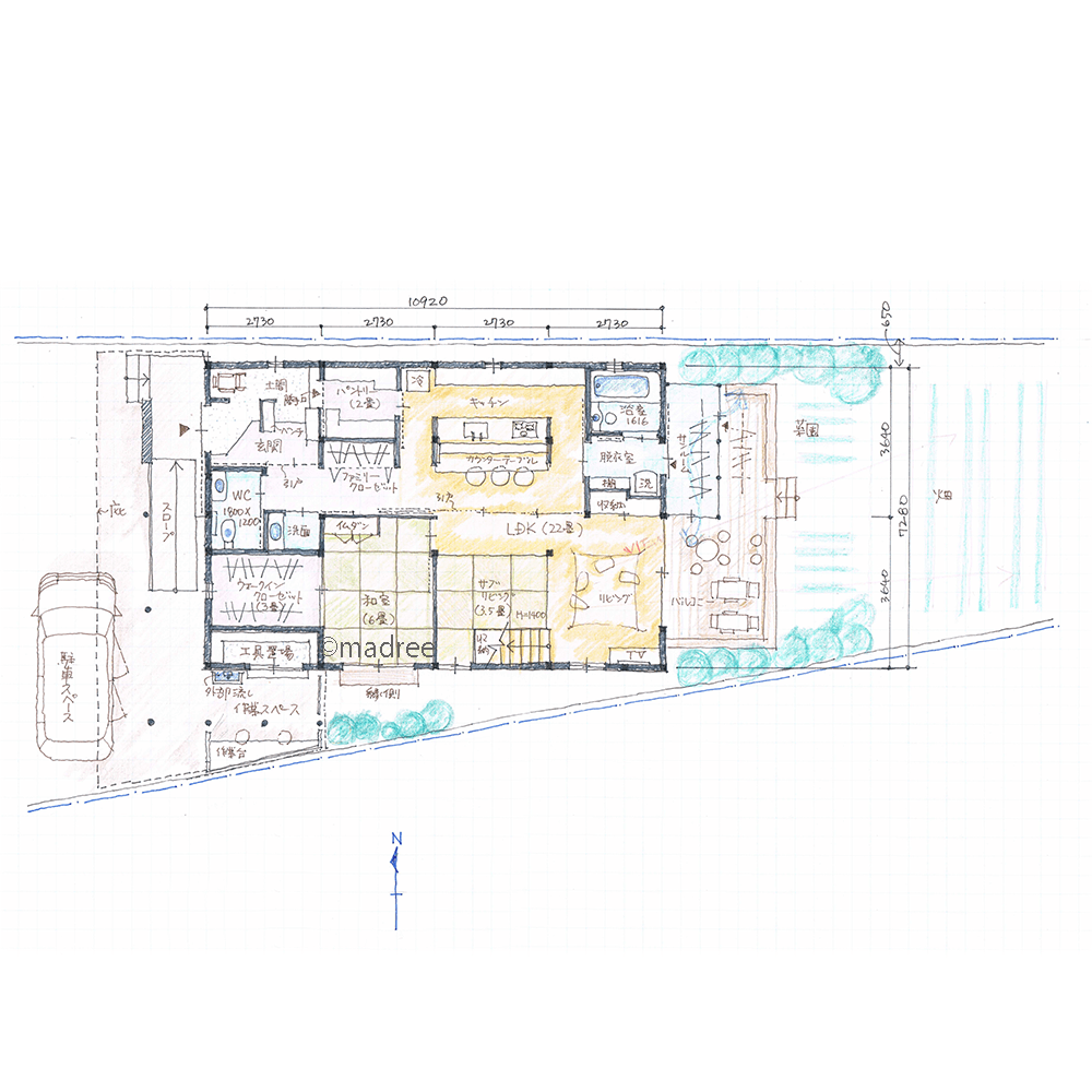 縦長地を生かした奥行きある眺望、余裕ある広さで介護もしやすい同居予定の二世帯住宅