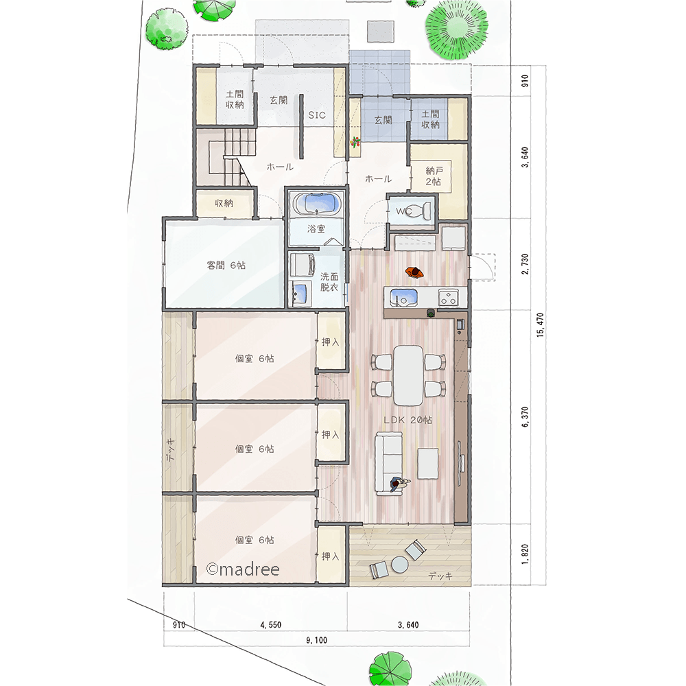 各階ともに造作棚でオシャレに魅せる、廊下を省いたコンパクト動線の2.5世帯住宅
