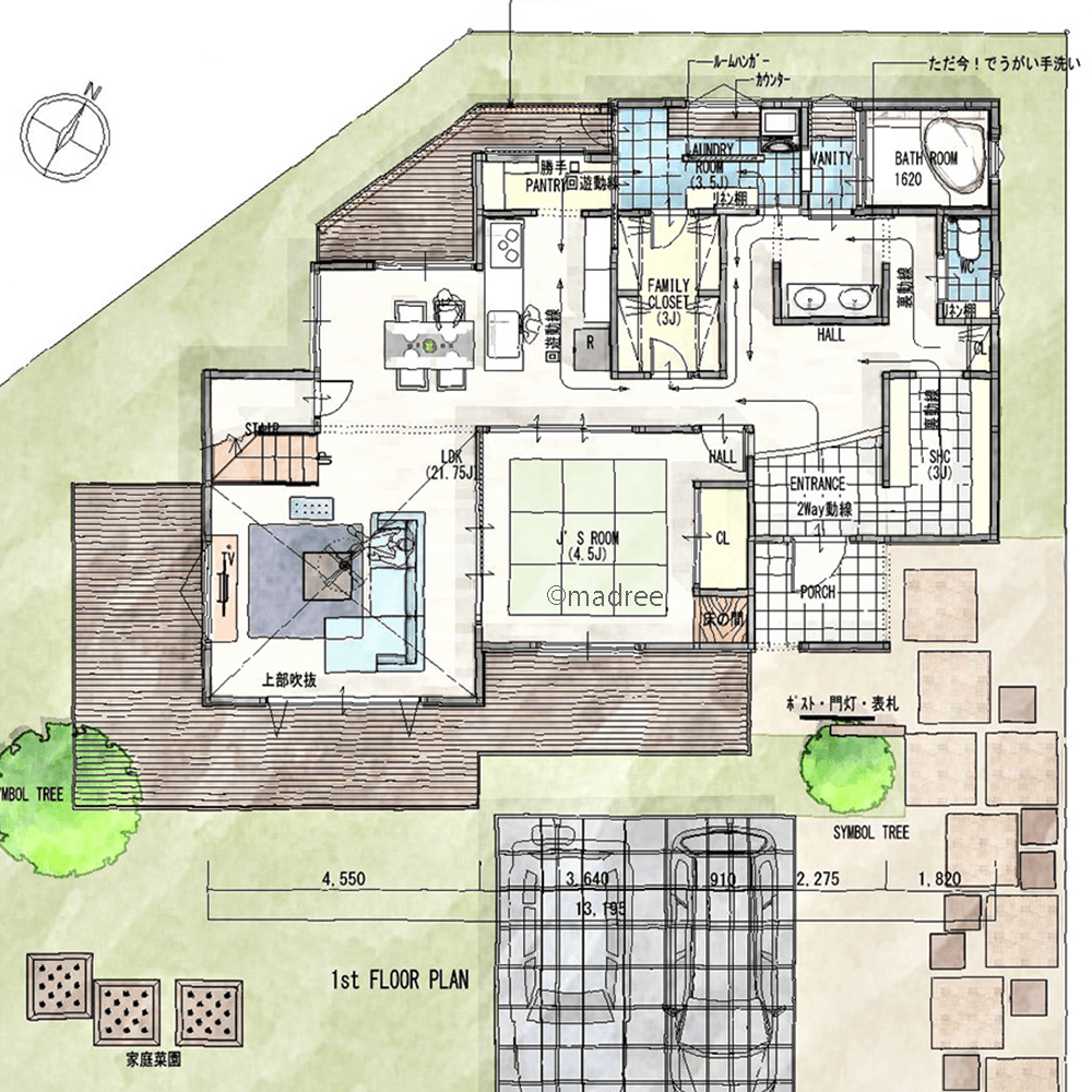 三面道路を生かした明るさと開放感、縦にも庭にも眺望広がる間仕切りリビングの家