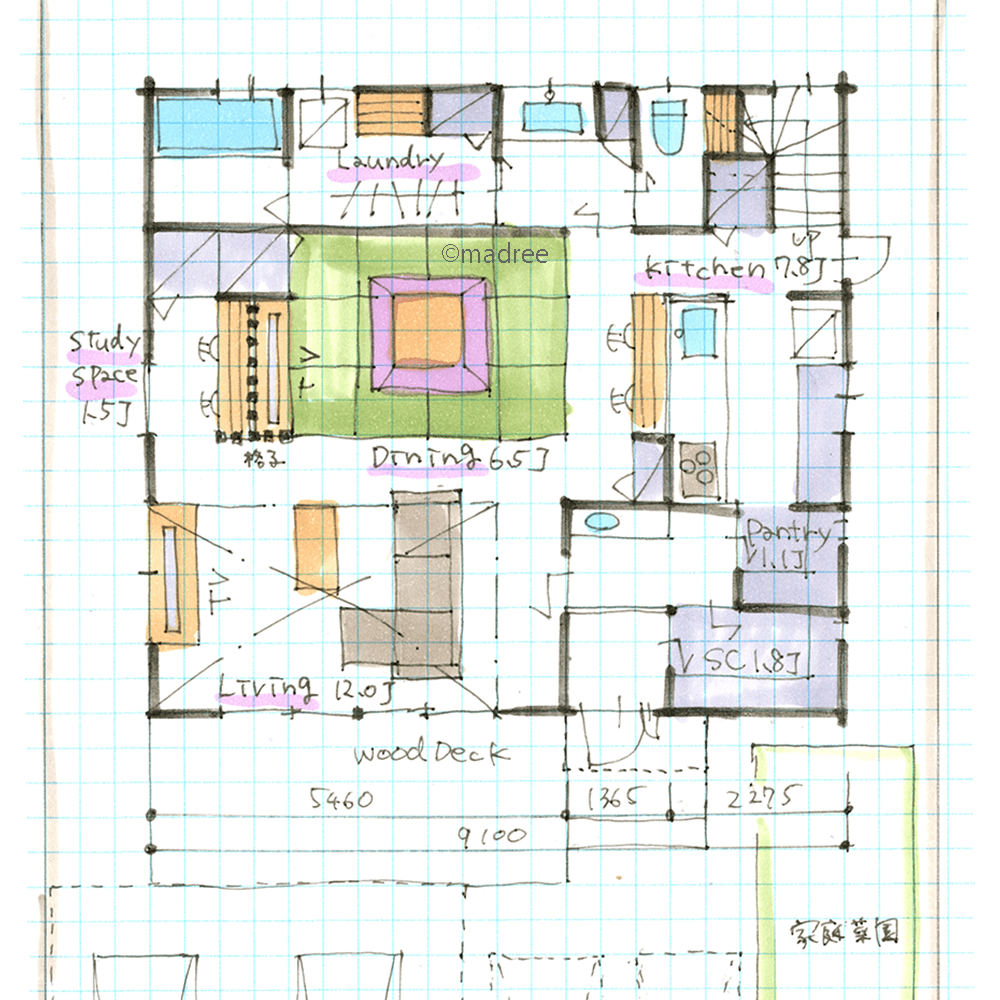 掘り炬燵の畳ダイニングで家族団欒、隠せる収納にこだわった常にLDKスッキリの家