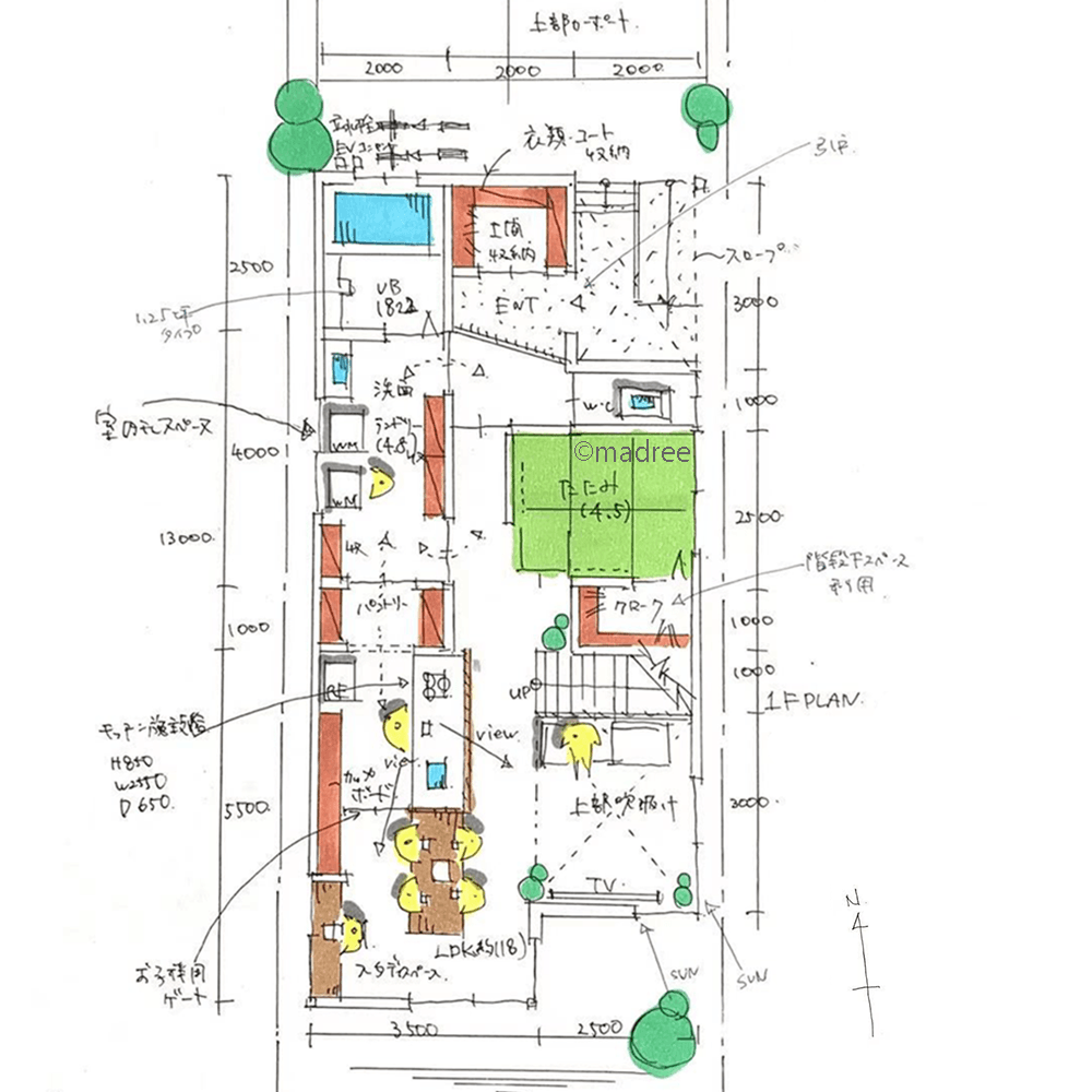 一直線の水廻りで時短家事、趣味楽しむリラックススペースのある家
