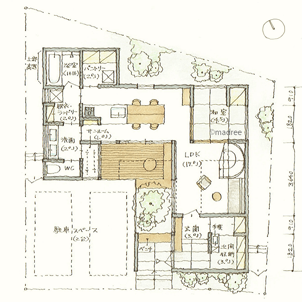 デッキを囲むL字型LDKでゆるく空間わけ、見えない生活感でゆったりくつろげる家