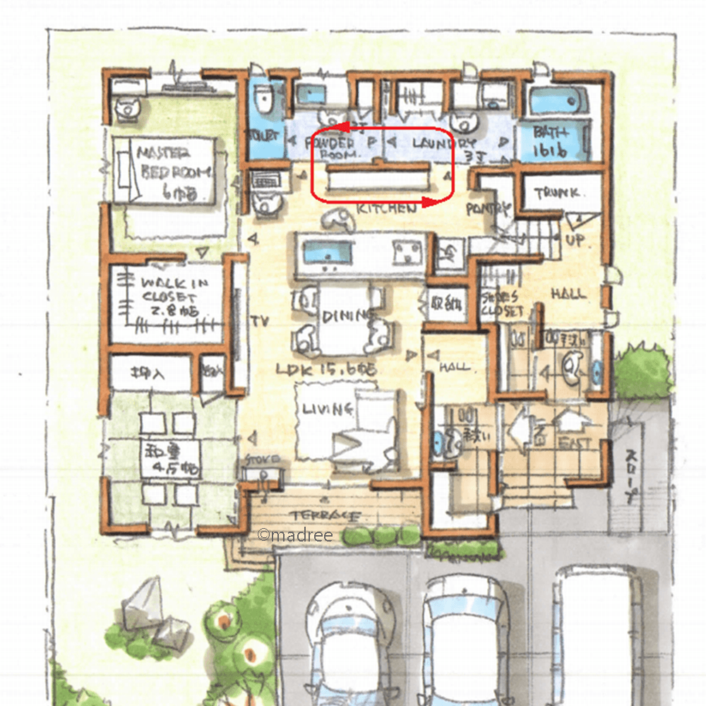 共働きも回遊家事でストレスフリーに、程よく寄り添って暮らす二世帯住宅
