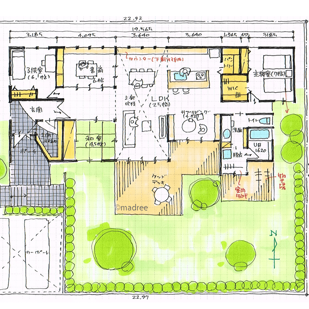 温かな光がたっぷり入る大開口窓が主役、キッチンからいつも家族を見守れる平屋